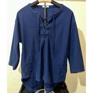 Madewell Top Women's Libra Lace Up 3/4 Sleeve Blouse Navy Size Medium